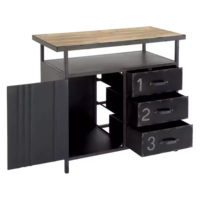 Meuble de rangement utilitaire en métal Olivia & May avec plateau en bois gris acier : Style industriel, cadre en fer, 3 tiroirs, 2 portes, aucun assemblage requis