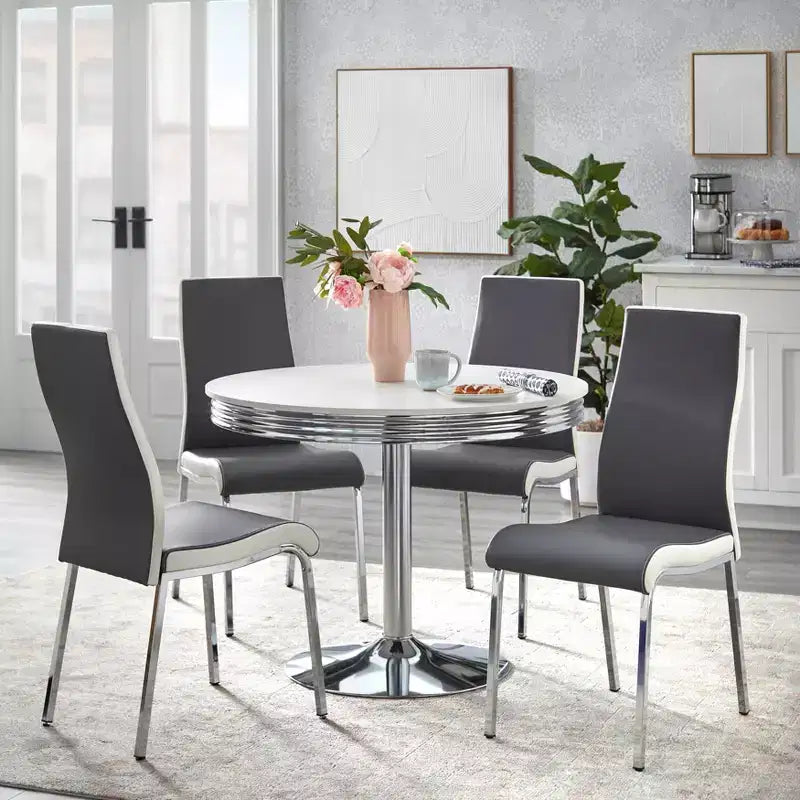 Ensemble de salle à manger rétro 5 pièces Buylateral Torrance avec chaises rembourrées dossier haut Blanc/Chrome/Gris