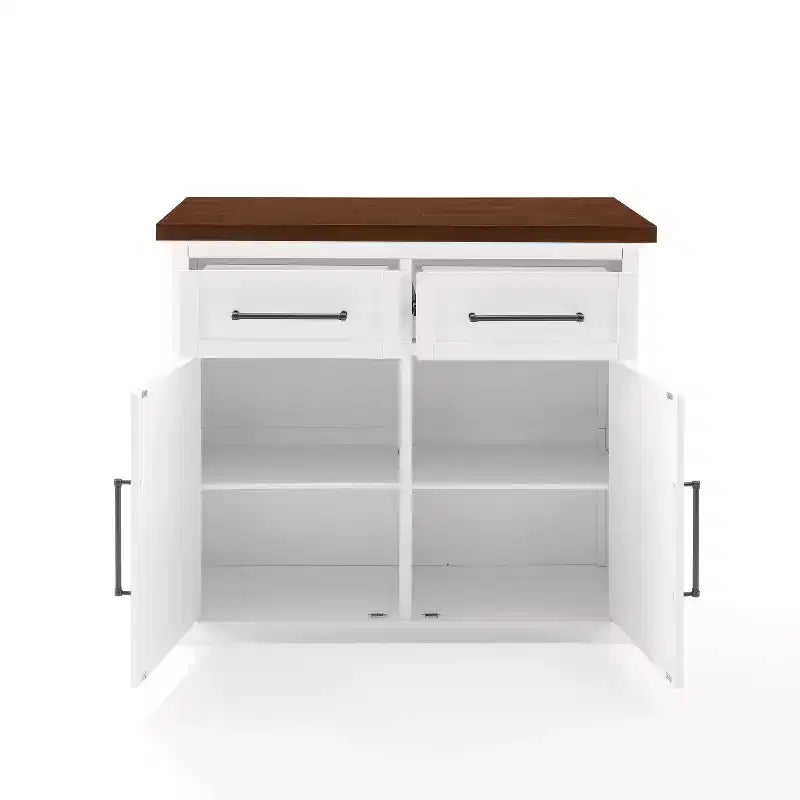 Îlot de cuisine Crosley Bartlett en bois, dessus blanc/noyer : style traditionnel, étagères réglables, chariot de rangement