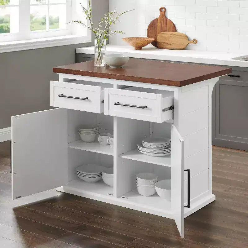 Îlot de cuisine Crosley Bartlett en bois, dessus blanc/noyer : style traditionnel, étagères réglables, chariot de rangement