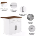 Îlot de cuisine Crosley Bartlett en bois, dessus blanc/noyer : style traditionnel, étagères réglables, chariot de rangement