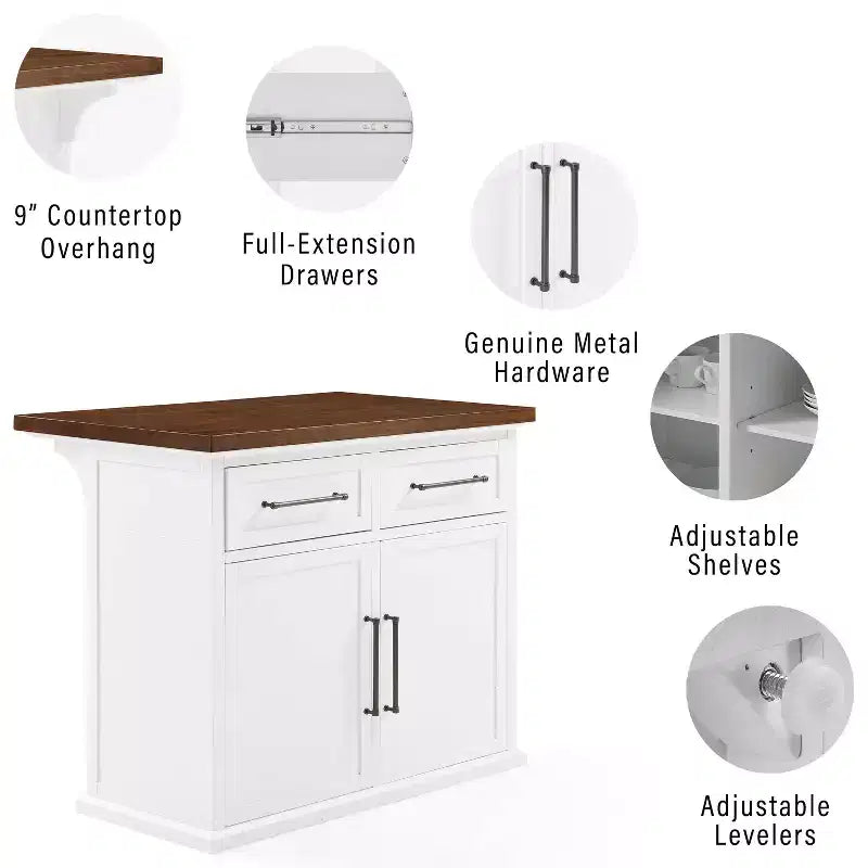 Îlot de cuisine Crosley Bartlett en bois, dessus blanc/noyer : style traditionnel, étagères réglables, chariot de rangement