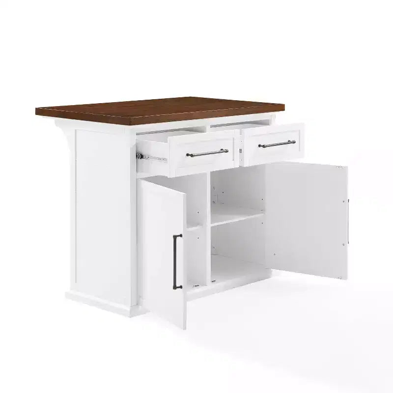 Îlot de cuisine Crosley Bartlett en bois, dessus blanc/noyer : style traditionnel, étagères réglables, chariot de rangement
