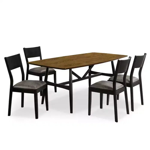 5pc Bernst Mid-Century Modern Dining Table Set Antique Oak/Black/Gray - miBasics: Rubberwood Frame, Faux Leather Seats