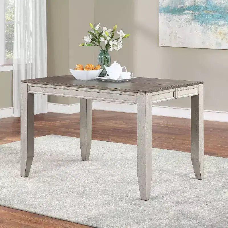 Table haute Abacus Alabaster/Honey - Steve Silver Co. : 91 cm de haut, carrée, 8 places, rallonge papillon