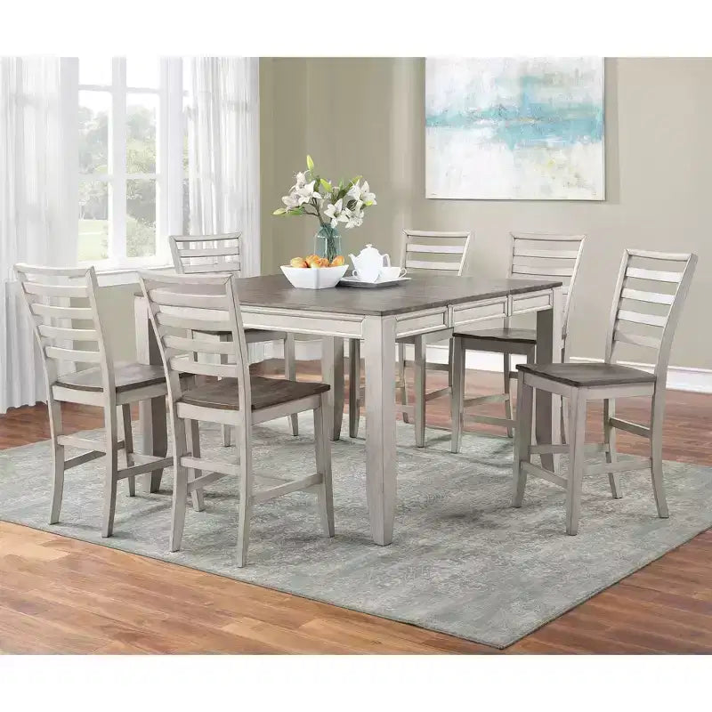 Table haute Abacus Alabaster/Honey - Steve Silver Co. : 91 cm de haut, carrée, 8 places, rallonge papillon