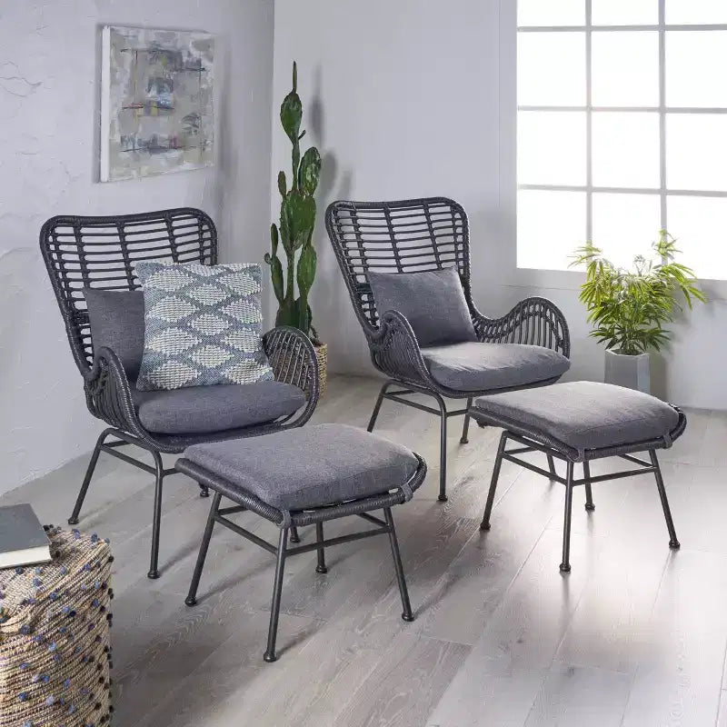 Chalet Moderne Bohème Ensemble de conversation gris – Christopher Knight Home : Osier et cadre en métal, ensemble de patio 4 pièces