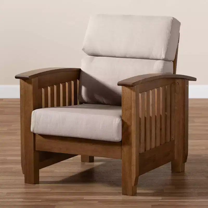 Fauteuil de salon 1 place en bois et tissu Charlotte Taupe/Marron - Baxton Studio