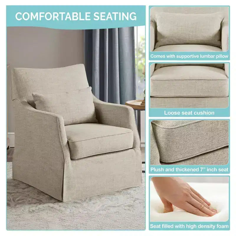 Martha Stewart London Chaise pivotante à jupe en beige texturé : Style champêtre, revêtement en polyester, cadre en bois