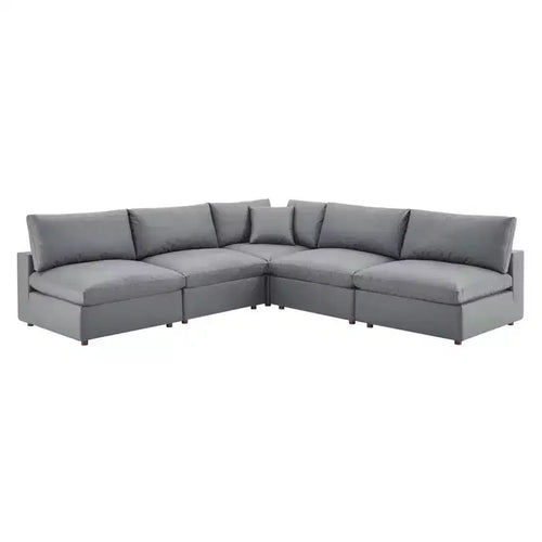 5pc Commix Down Filled Overstuffed Vegan Leather L-Shaped Sectional Sofa Set Gray - Modway: Plush Comfort, Modern Home Furniture
