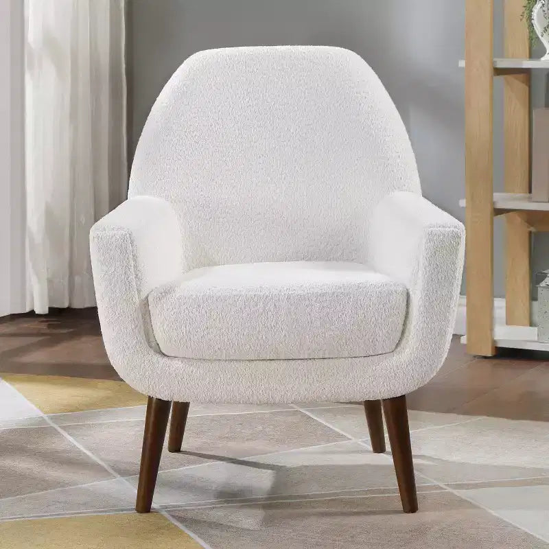Fauteuil bouclé de style Mid-century Polaris Comfort Pointe blanc : Coussins déhoussables, cadre en bois, capacité de 136 kg, chambre et salon