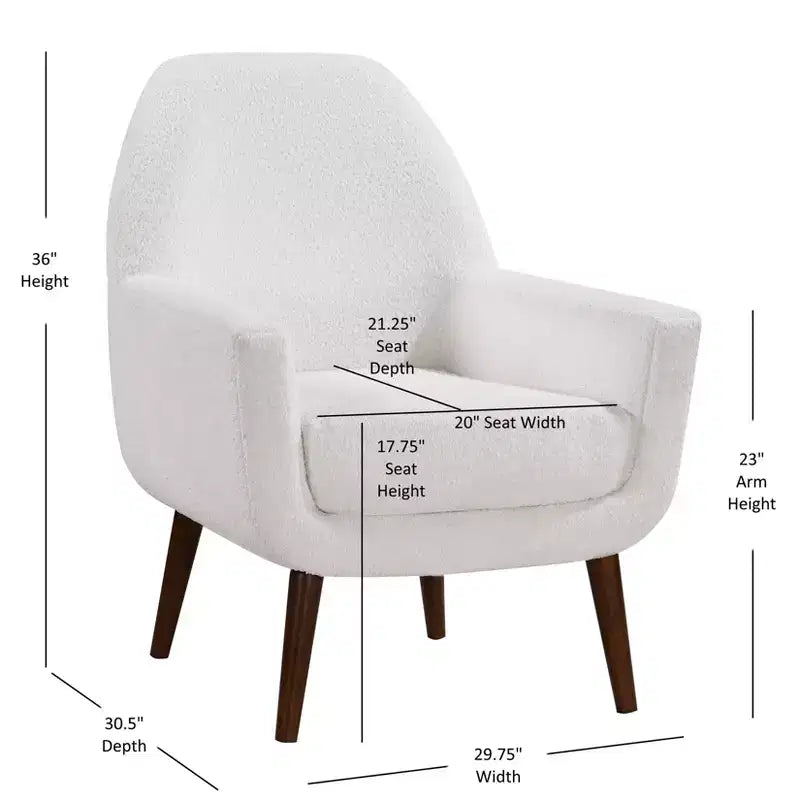 Fauteuil bouclé de style Mid-century Polaris Comfort Pointe blanc : Coussins déhoussables, cadre en bois, capacité de 136 kg, chambre et salon