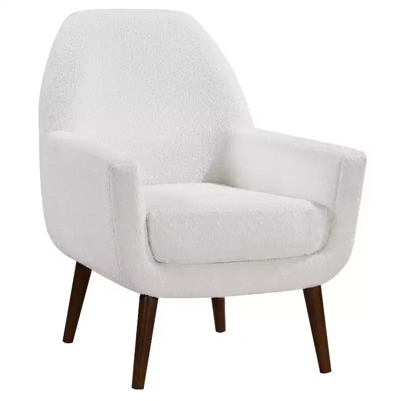 Fauteuil bouclé de style Mid-century Polaris Comfort Pointe blanc : Coussins déhoussables, cadre en bois, capacité de 136 kg, chambre et salon