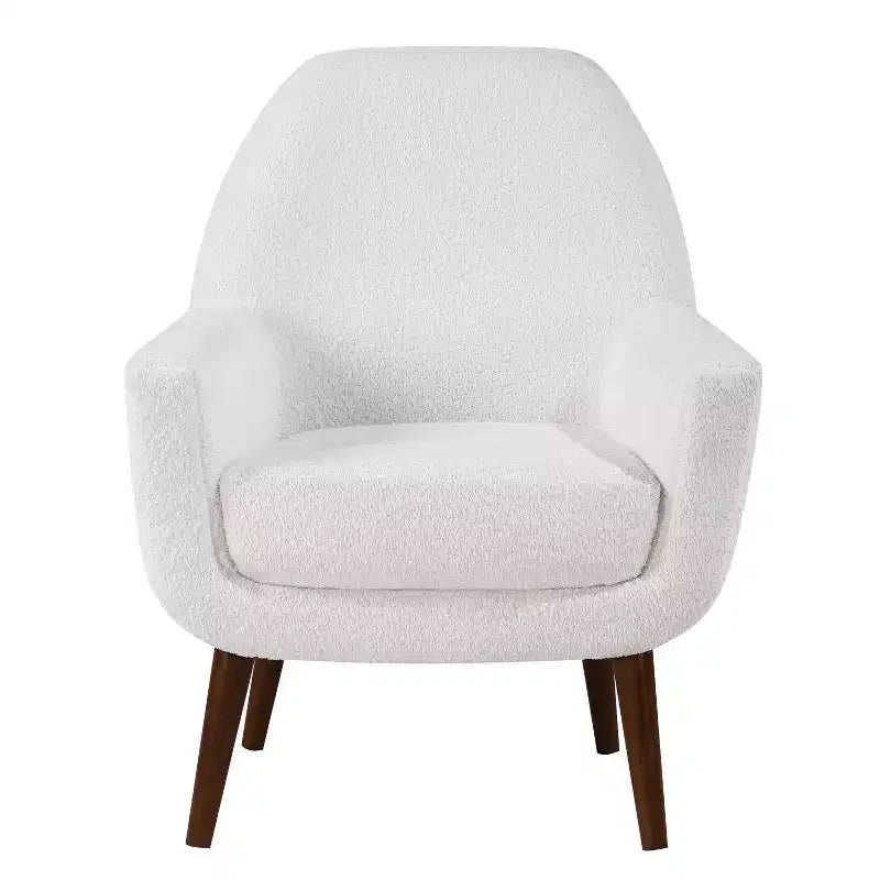 Fauteuil bouclé de style Mid-century Polaris Comfort Pointe blanc : Coussins déhoussables, cadre en bois, capacité de 136 kg, chambre et salon