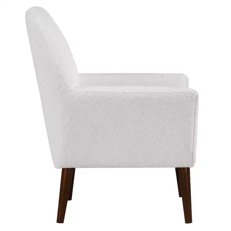 Fauteuil bouclé de style Mid-century Polaris Comfort Pointe blanc : Coussins déhoussables, cadre en bois, capacité de 136 kg, chambre et salon