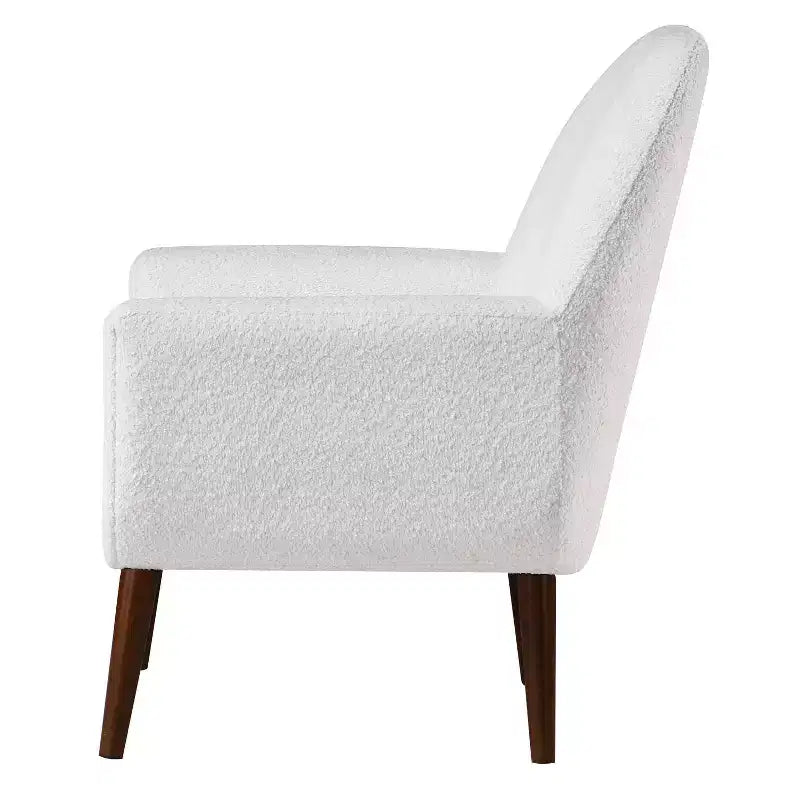 Fauteuil bouclé de style Mid-century Polaris Comfort Pointe blanc : Coussins déhoussables, cadre en bois, capacité de 136 kg, chambre et salon