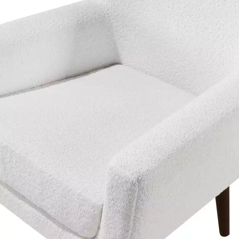 Fauteuil bouclé de style Mid-century Polaris Comfort Pointe blanc : Coussins déhoussables, cadre en bois, capacité de 136 kg, chambre et salon