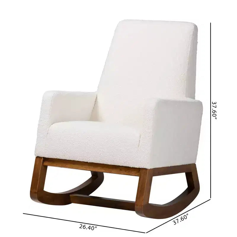 Fauteuil à bascule Yashiya rembourré en tissu bouclé et bois blanc cassé/noyer marron - Baxton Studio