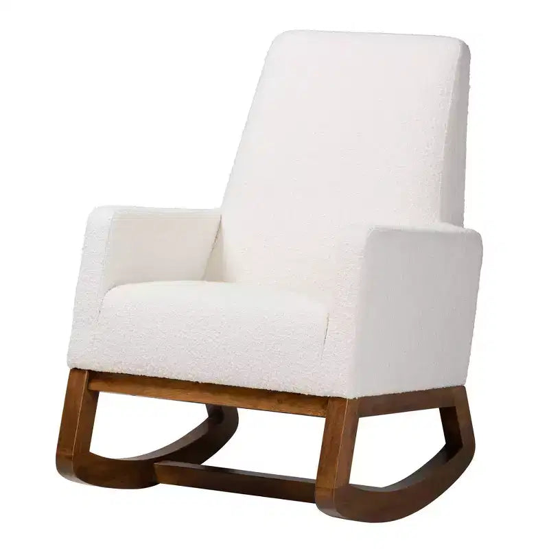 Fauteuil à bascule Yashiya rembourré en tissu bouclé et bois blanc cassé/noyer marron - Baxton Studio