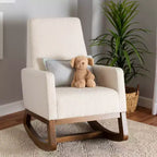 Fauteuil à bascule Yashiya rembourré en tissu bouclé et bois blanc cassé/noyer marron - Baxton Studio