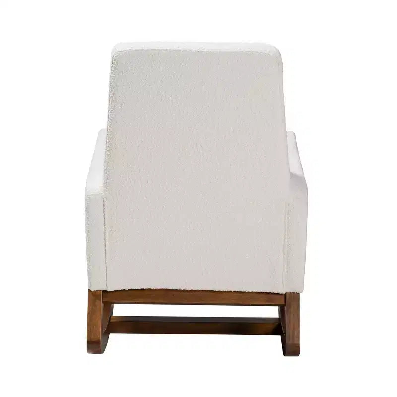 Fauteuil à bascule Yashiya rembourré en tissu bouclé et bois blanc cassé/noyer marron - Baxton Studio