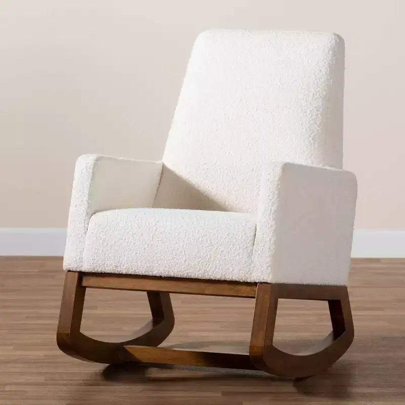 Fauteuil à bascule Yashiya rembourré en tissu bouclé et bois blanc cassé/noyer marron - Baxton Studio