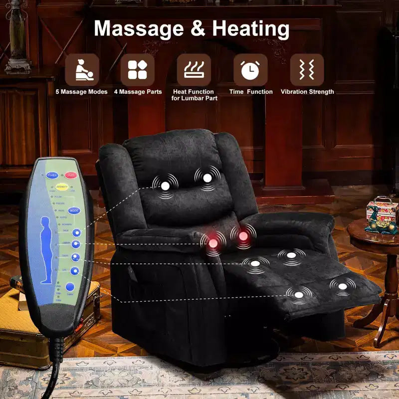 Fauteuil inclinable COMHOMA avec chauffage et massage, pivotant à 360 degrés, en tissu, à bascule, noir
