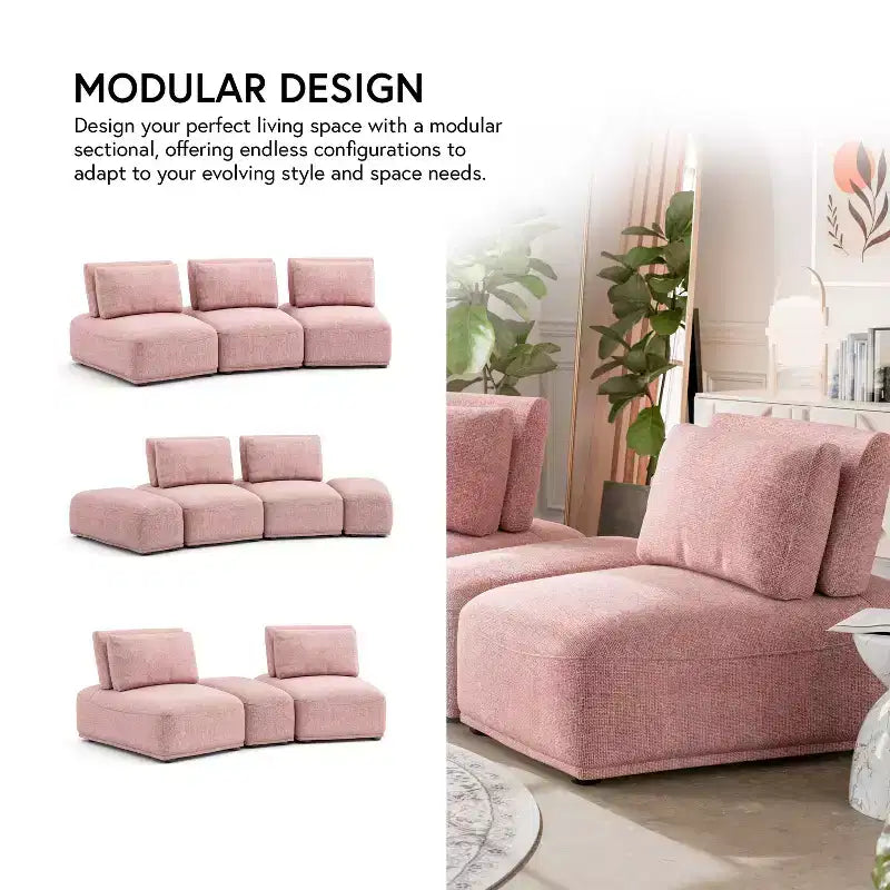 HOMES: Inside + Out Povoa, Chaise sans accoudoirs trapézoïdale modulaire moderne en chenille avec dossier extensible, Rose