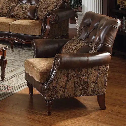 Acme Furniture Dreena Accent Chairs Two Tone Brown Synthetic Leather/Chenille Cherry Finish