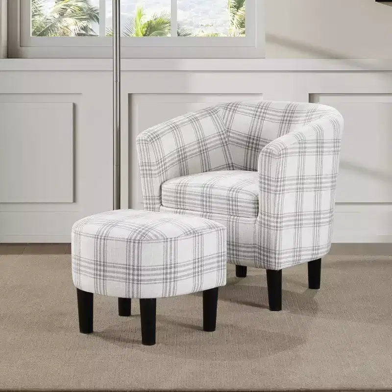 Fauteuil d'appoint avec ottoman Churchill de Breighton Home, motif carreaux écossais gris