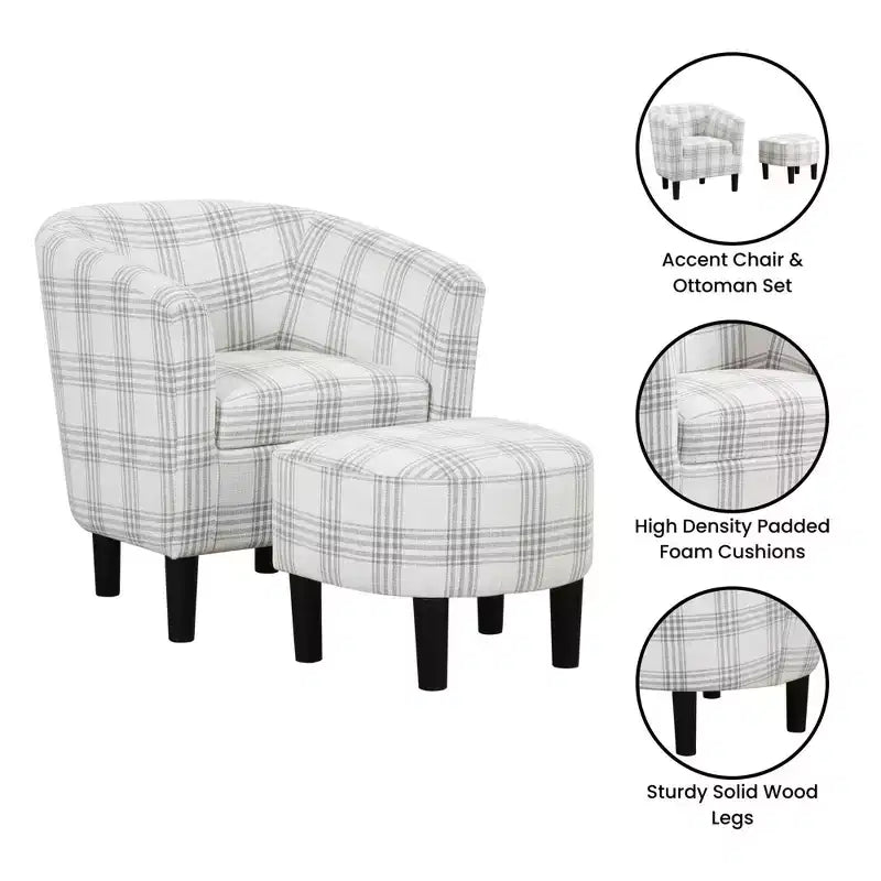 Fauteuil d'appoint avec ottoman Churchill de Breighton Home, motif carreaux écossais gris