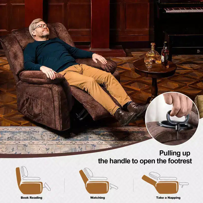 Fauteuil inclinable COMHOMA avec levier latéral, fonction de chauffage et de massage, pivotant à 360 degrés, en tissu, fauteuil à bascule, marron
