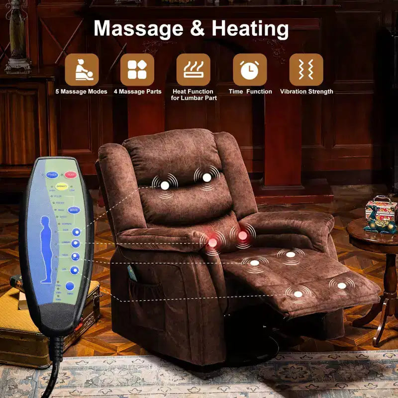 Fauteuil inclinable COMHOMA avec levier latéral, fonction de chauffage et de massage, pivotant à 360 degrés, en tissu, fauteuil à bascule, marron