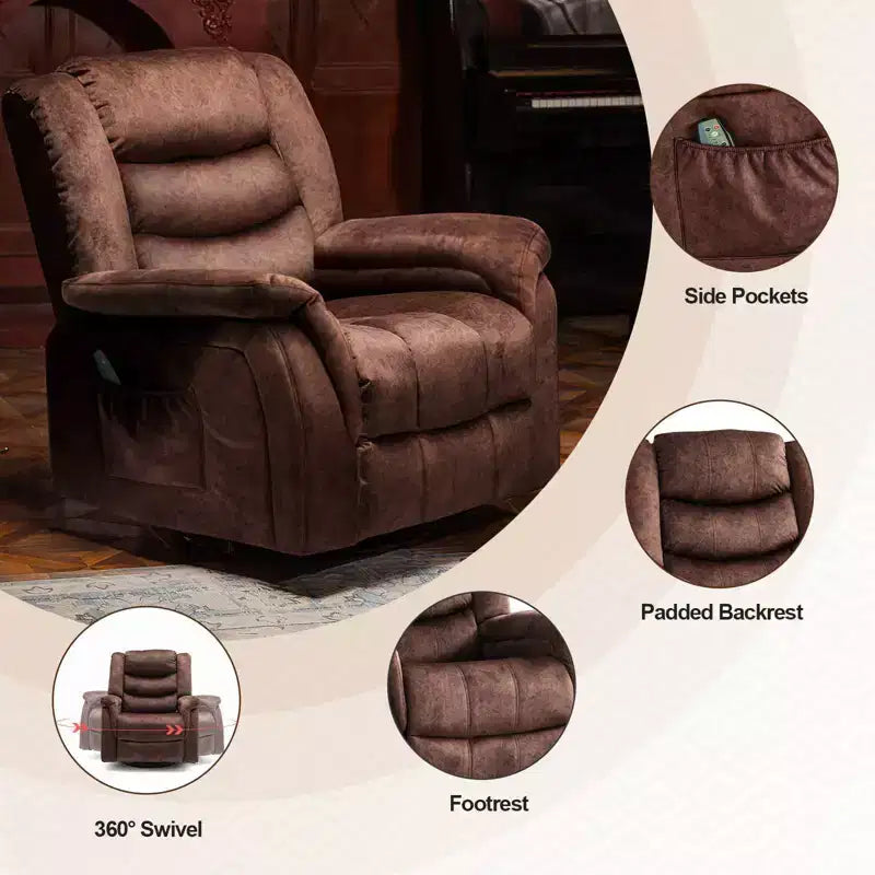 Fauteuil inclinable COMHOMA avec levier latéral, fonction de chauffage et de massage, pivotant à 360 degrés, en tissu, fauteuil à bascule, marron