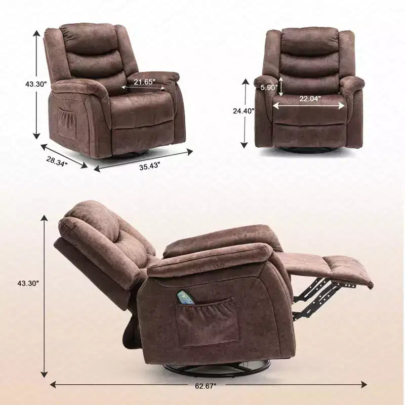 Fauteuil inclinable COMHOMA avec levier latéral, fonction de chauffage et de massage, pivotant à 360 degrés, en tissu, fauteuil à bascule, marron