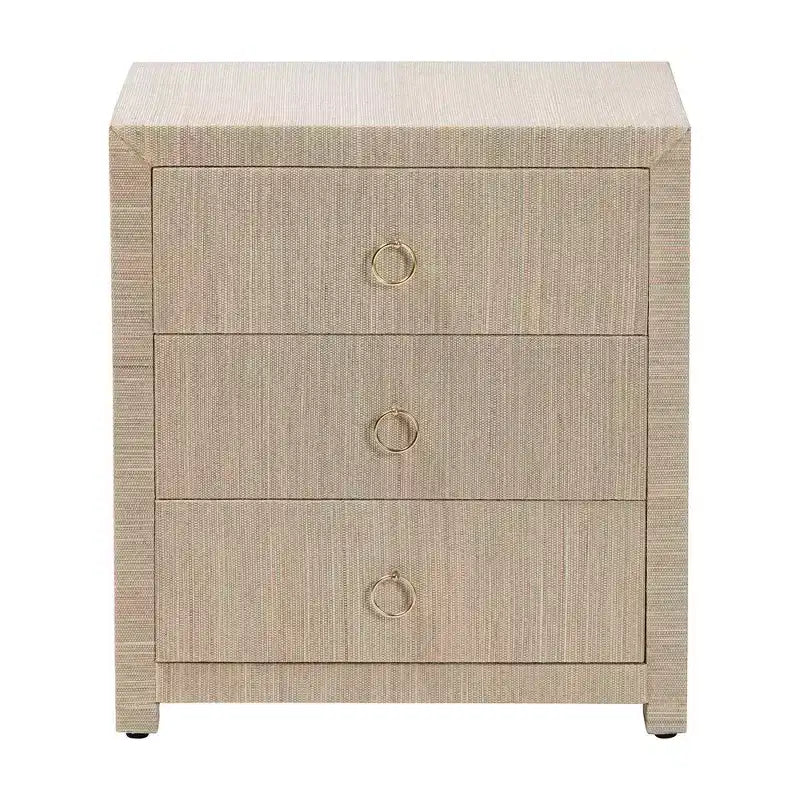bali & pari Table de chevet à 3 tiroirs Quinn en toile de jute tissée Naturel/Doré