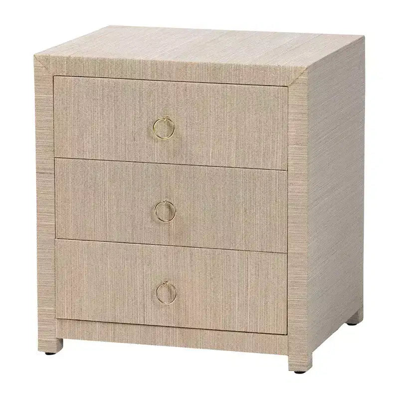 bali & pari Table de chevet à 3 tiroirs Quinn en toile de jute tissée Naturel/Doré