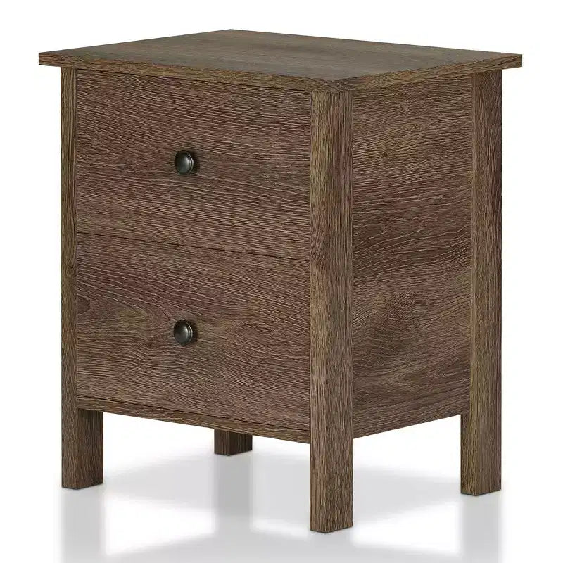 Table de chevet 2 tiroirs Cecilia 24/7 Shop At Home : Noyer vieilli, Style Campagne, Quincaillerie bronze, Cadre en bois, Rangement