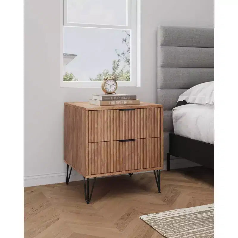 Manhattan Comfort Dumbo Table de chevet à 2 tiroirs brun doré : Cadre contemporain en MDF, Quincaillerie métallique, Capacité de 40 kg