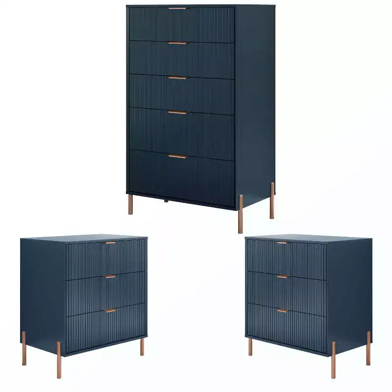 Festivo 3pc Modern Elegance 3 Drawer Nightstands and 5 Drawer Chest Set Navy