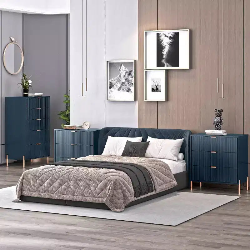 Festivo Ensemble commode 5 tiroirs et 2 tables de chevet 3 tiroirs Bleu marine Modern Elegance
