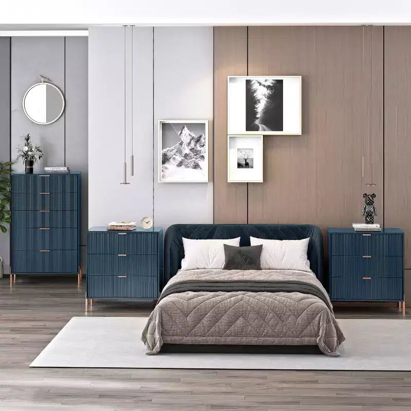 Festivo Ensemble commode 5 tiroirs et 2 tables de chevet 3 tiroirs Bleu marine Modern Elegance