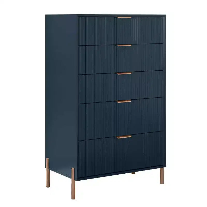 Festivo Ensemble commode 5 tiroirs et 2 tables de chevet 3 tiroirs Bleu marine Modern Elegance