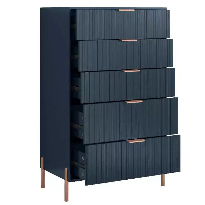 Festivo Ensemble commode 5 tiroirs et 2 tables de chevet 3 tiroirs Bleu marine Modern Elegance
