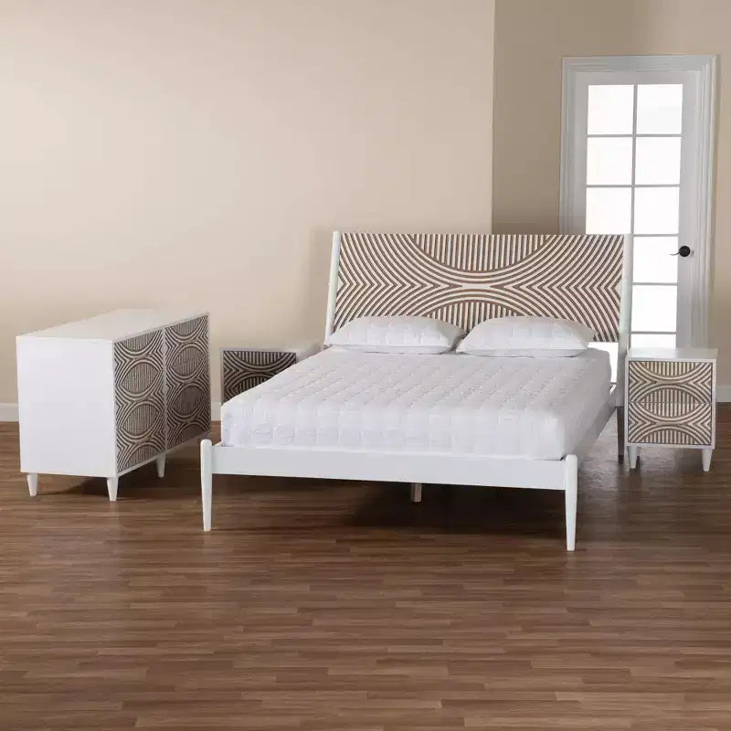 Lit King Baxton Studio 4 pièces Louetta sculpté contrastant blanc/marron naturel