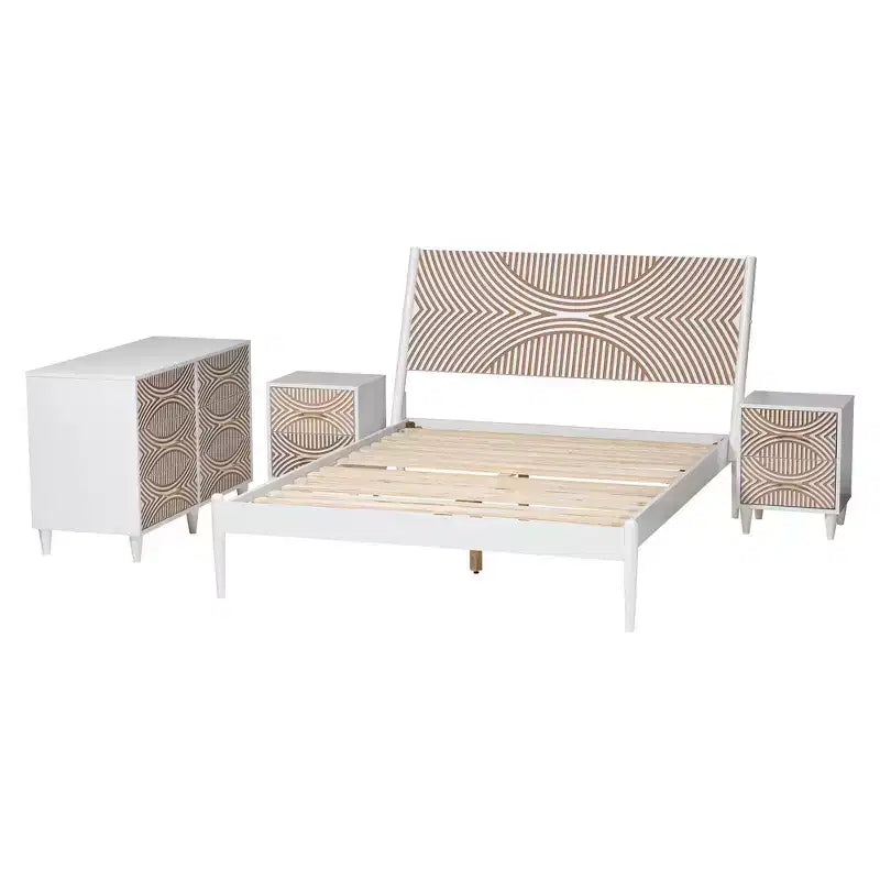 Lit King Baxton Studio 4 pièces Louetta sculpté contrastant blanc/marron naturel