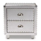 Table de chevet en métal Davet à 2 tiroirs Baxton Studio Argent : style moderne du milieu du siècle, cadre en panneaux de particules