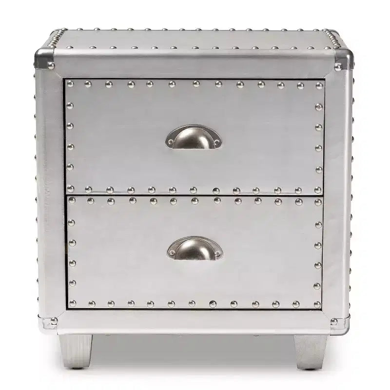 Table de chevet en métal Davet à 2 tiroirs Baxton Studio Argent : style moderne du milieu du siècle, cadre en panneaux de particules