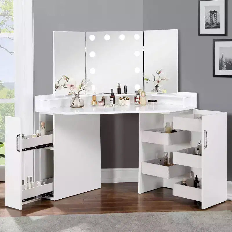 MAISONS : Intérieur et Extérieur Coiffeuse d'angle Fireheart avec miroir et ampoules glamour - Blanc