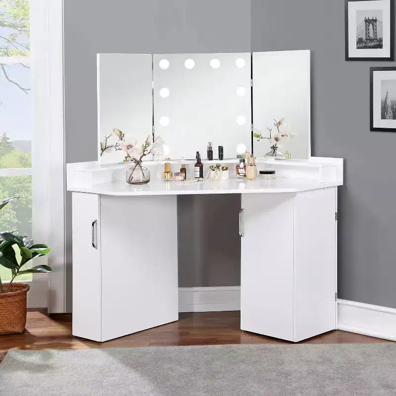 MAISONS : Intérieur et Extérieur Coiffeuse d'angle Fireheart avec miroir et ampoules glamour - Blanc